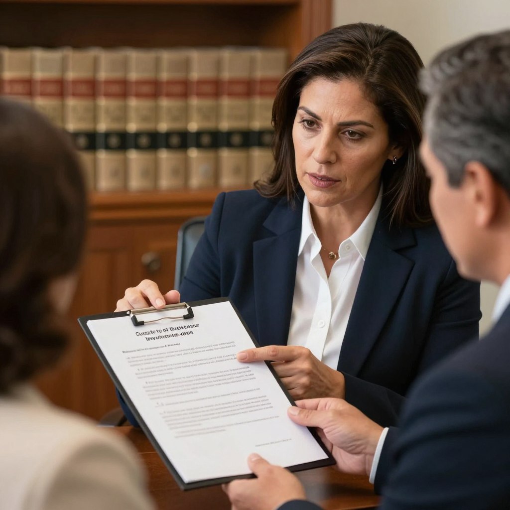 Abogado de herencia revisando documentos con cliente