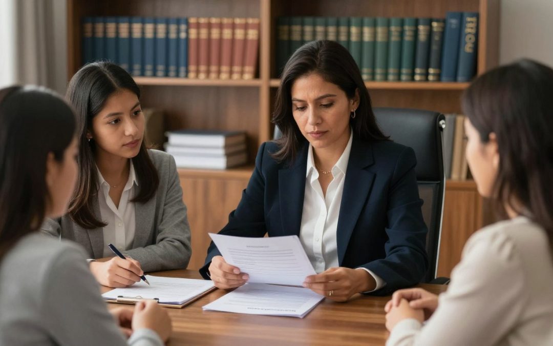 Abogado de testamentos reunido con familia hispana discutiendo planificación patrimonial en oficina legal profesional