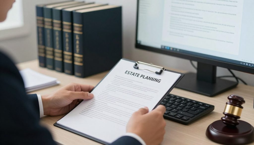 Abogado profesional trabajando en documentos de planificación patrimonial en oficina