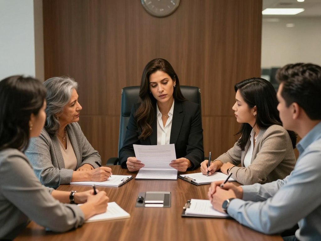 Abogado revisando testamento con familia hispana en oficina