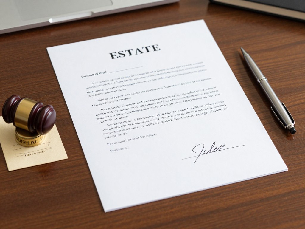 Documento de testamento legal con firma y sello notarial sobre escritorio de abogado