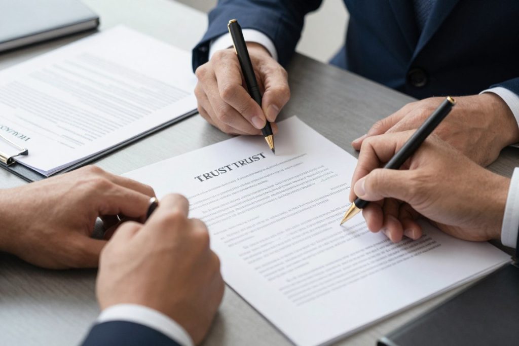 Documentos de fideicomiso siendo firmados