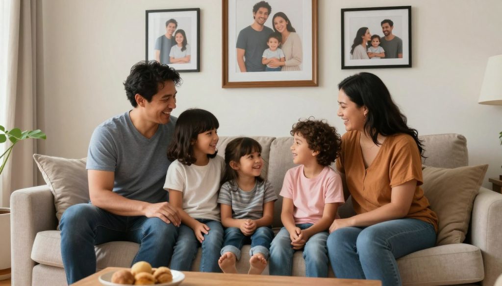 Familia hispana feliz en su hogar protegida por planificación patrimonial adecuada