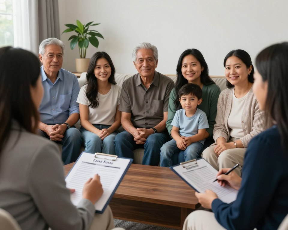 Familia hispana multi-generacional en planificación patrimonial