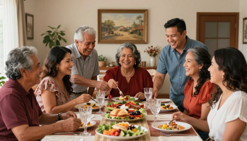 Familia hispana multigeneracional reunida celebrando