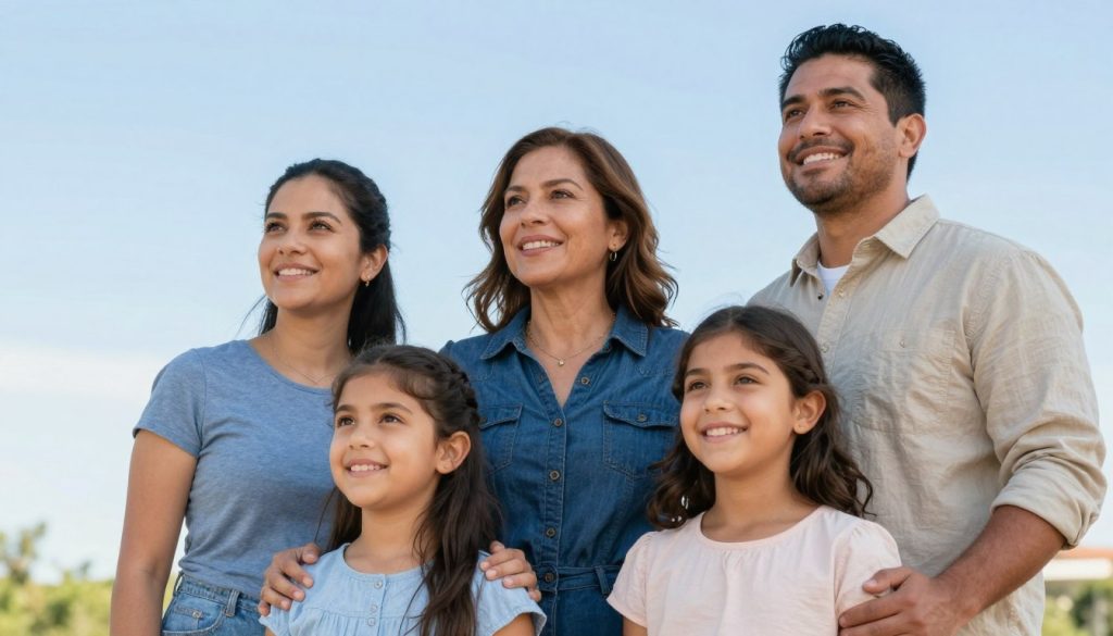 Familia hispana protegida mirando hacia futuro con confianza gracias a planificación patrimonial