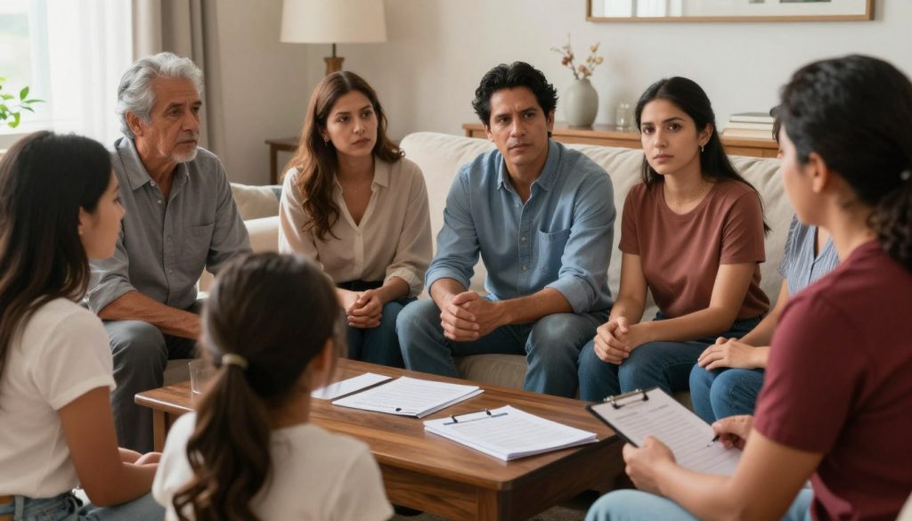 Familia hispana reunida discutiendo planificación patrimonial