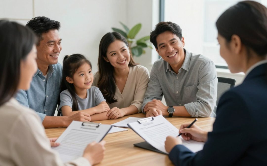 Familia hispana revisando documentos de planificación patrimonial con abogado