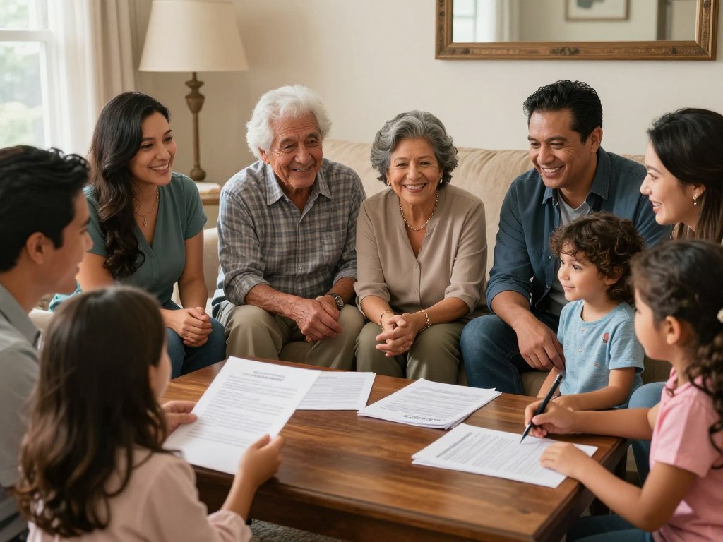 Familia reunida discutiendo su planificación patrimonial