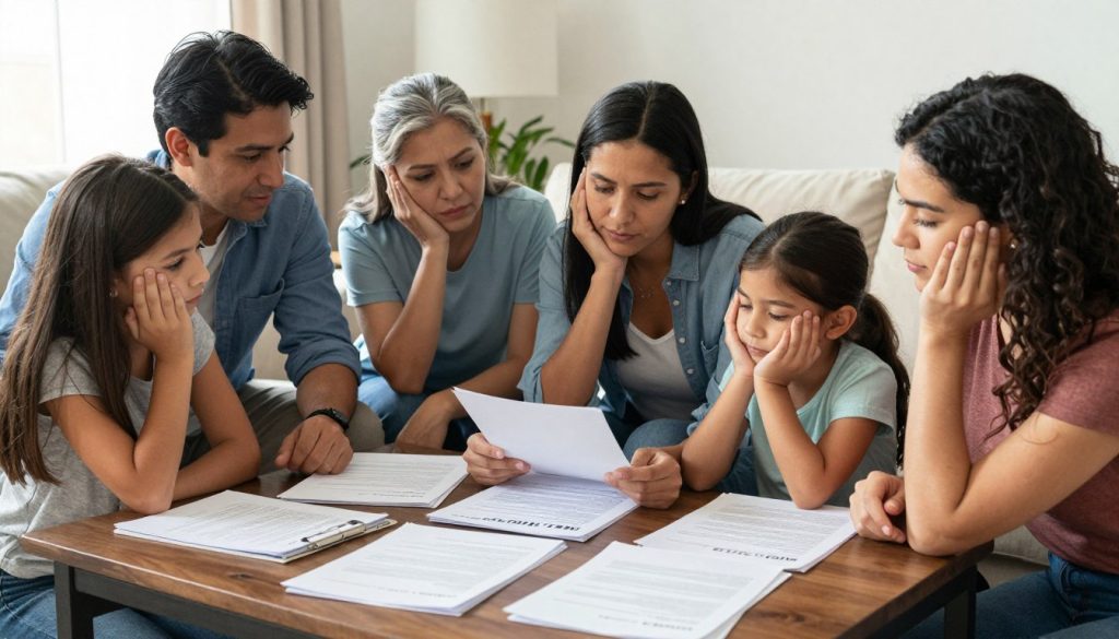 Familia unida revisando plan de herencia con tranquilidad