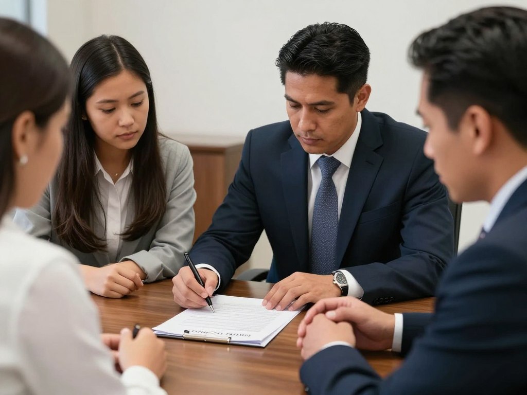 Padres hispanos firmando documentos legales con abogado para nombrar tutores de sus hijos