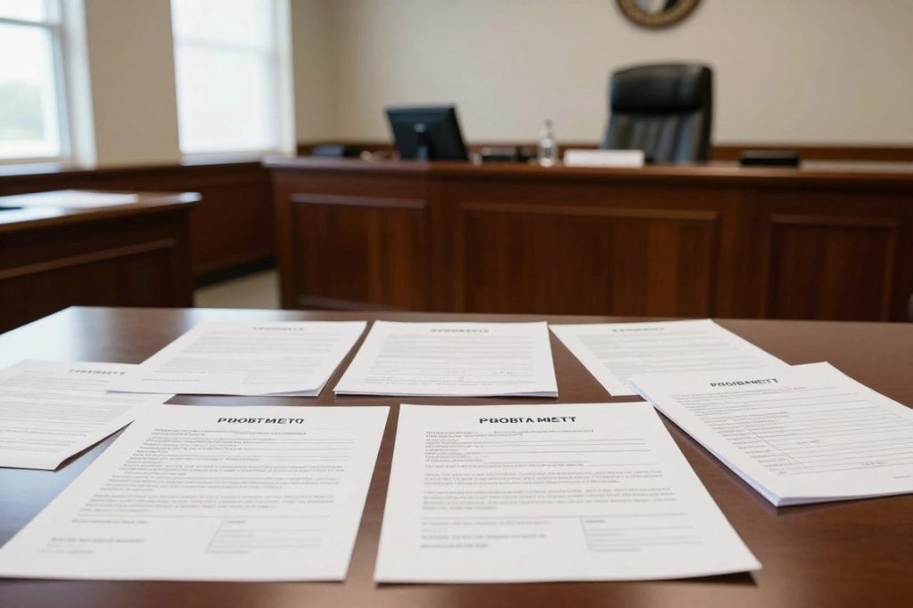 Proceso de sucesión testamentaria en tribunal con documentos legales