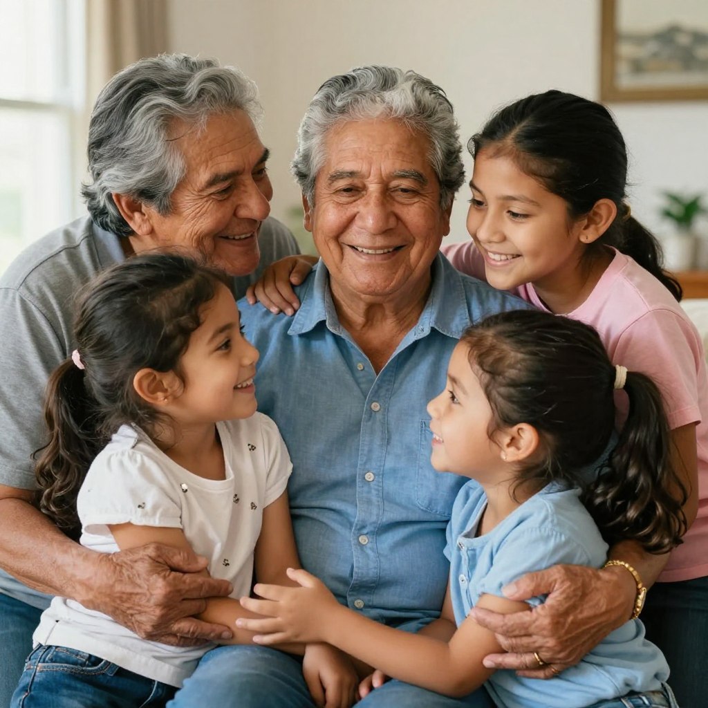 abuelos hispanos con nietos representando estructura familiar extendida